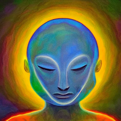 Prompt: painting of a tranquil alien made of light and glows meditating in dense forest by Lobsang Melendez Ahuanari, acrylic art, ethereal, soothing, somber, elegant, warm light, cozy, breathtaking,