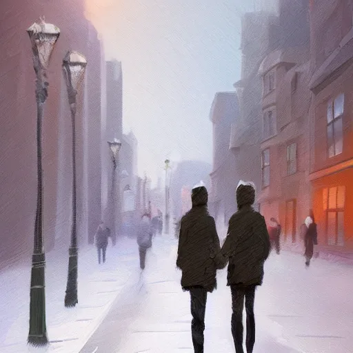 Prompt: two people in the street of london in winters, trending on artstation