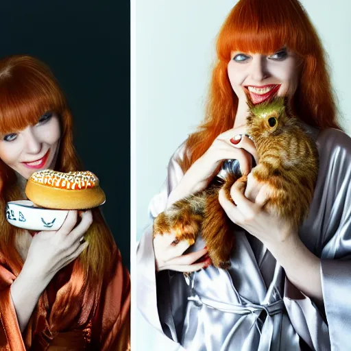 Image similar to a stunning hyper-detailed closeup portrait photo of a slender beautiful smiling woman with long ginger hair and bangs, wearing a luxurious silk robe, wearing headphones and posing with her large ginger tabby cat and her raccoon and parrots in an overstuffed easy chair in her sunlit victorian living room, holding a porcelain parrot-shaped coffee mug and a donut, perfect eyes, fashion photography, octane render, unreal engine, 85 mm lens,