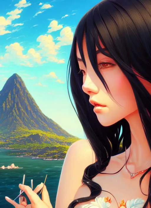 Image similar to a beautiful girl with long black hair in, island background, intricate, highly detailed, digital painting, artstation, official media, anime key visual, concept art, rich vivid colors, ambient lighting, sharp focus, illustration, art by Artgerm, Makoto Shinkai, Ilya Kuvshinov, Lois Van Baarle, and Rossdraws