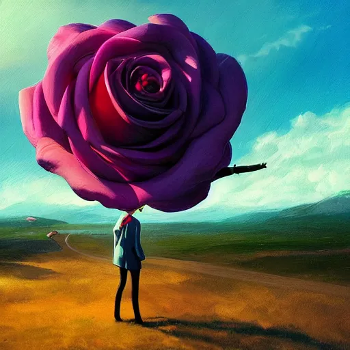 Image similar to closeup, giant rose flower head, frontal, girl in a suit, surreal photography, sunrise, blue sky, dramatic light, impressionist painting, digital painting, artstation, simon stalenhag