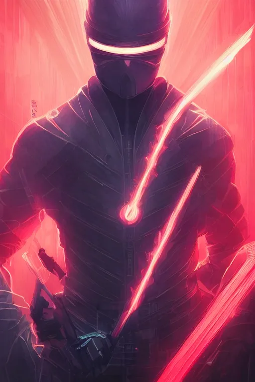 Image similar to portrait of ninja slayer, japan, neon lightning, night city, highly detailed, digital painting, trending on artstation, concept art, sharp focus, illustration, art by artgerm and greg rutkowski and magali villeneuve