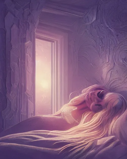 Prompt: beautiful painting of a elven sleeping on a bedroom, poster art by mor than, cgsociety, space art, sci - fi, cosmic horror, sense of awe, art by mike winkelmann, sky night, illustration, highly detailed, simple, smooth and clean vector curves, no jagged lines, vector art, smooth, artstation