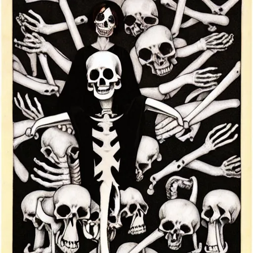 Image similar to scrawny teenage girl with short black hair and black irises. black and white skull facepaint. pointed face. black robes, corset of rib bones, bone ear piercings. femme-androgynous. surrounded by skeletons. skulls in hands, black white and light blue color scheme, baroque, by Michelangelo, high detail