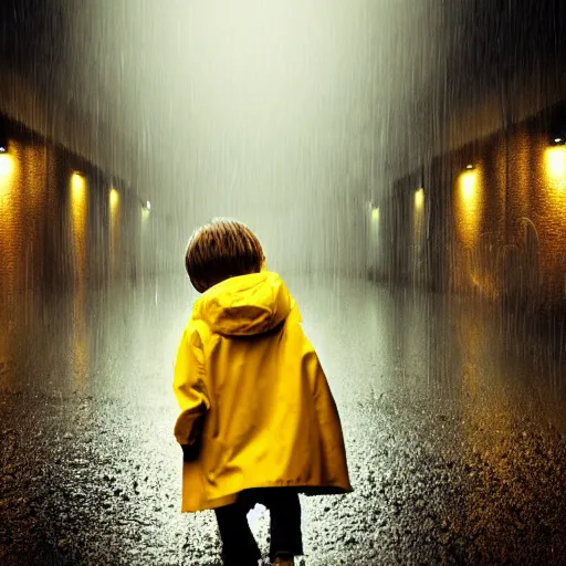 Prompt: A small child a yellow rain coat walking alone in a dark alley,it is raining heavily, scary atmosphere,gloomy lighting, digital art , highly detailed , high contrast, beautiful lighting, award winning , trending on art station, 8k, photo realistic