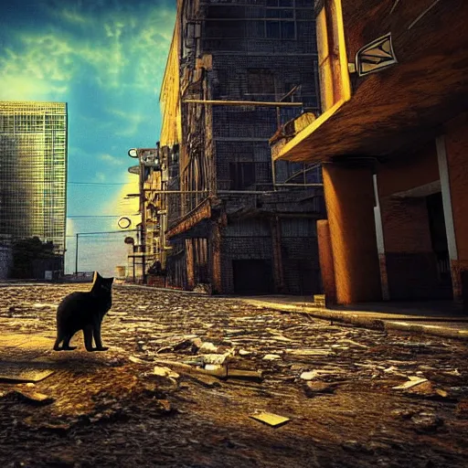 Image similar to “a cat in a abandon city,4k,3d render”