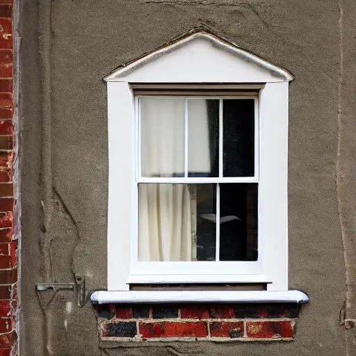 Image similar to single triangular or round sash window on a british wall, surprised and perplexed builders standing in front of it