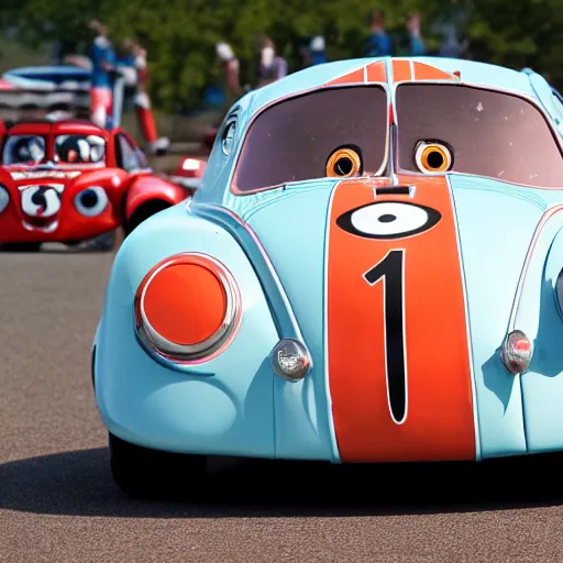 Image similar to close - up sports shot of'herbie the love bug'race car imax, 7 0 mm, movie still