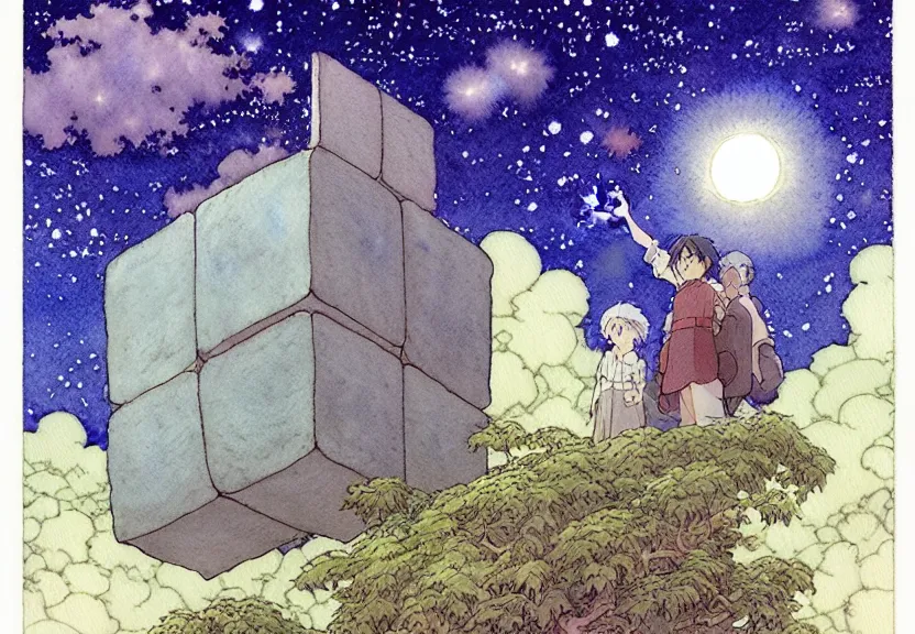 Image similar to a simple watercolor studio ghibli movie still fantasy concept art of a giant grey cube floating in the air. it is a misty starry night. by rebecca guay, michael kaluta, charles vess