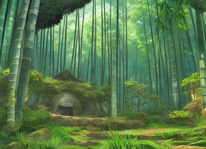 Image similar to deep in a japanese bamboo forest, ancient ruined temple in distance, sunny, cartoony, anime style, mid day, realistic lighting, by ghibli studio, arcane, wild rift, trending on artstation, 4 k, hd