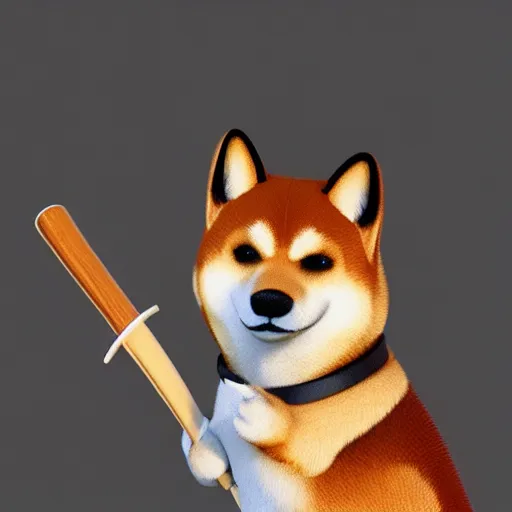 Image similar to shiba inu holding a baseball bat on his hand, cinematic lightning, 4 k, ultra detailed, trending on artstation, masterpiece, digital art.