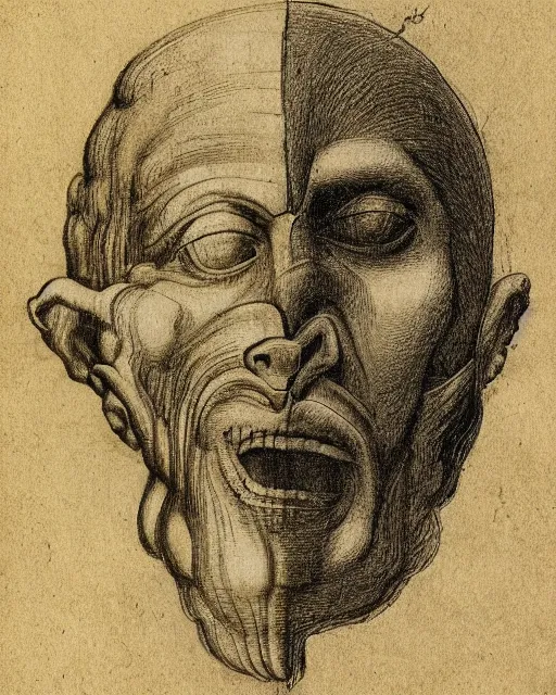 Image similar to head with two faces creature, drawn by da vinci