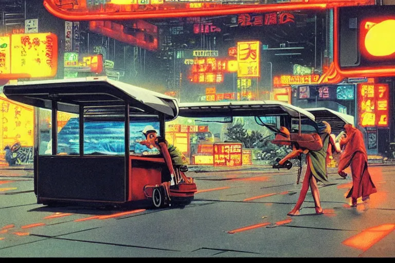 Image similar to 1 9 7 9 omni magazine cover of a fish delivery cart in neo - tokyo. art in cyberpunk style by vincent di fate