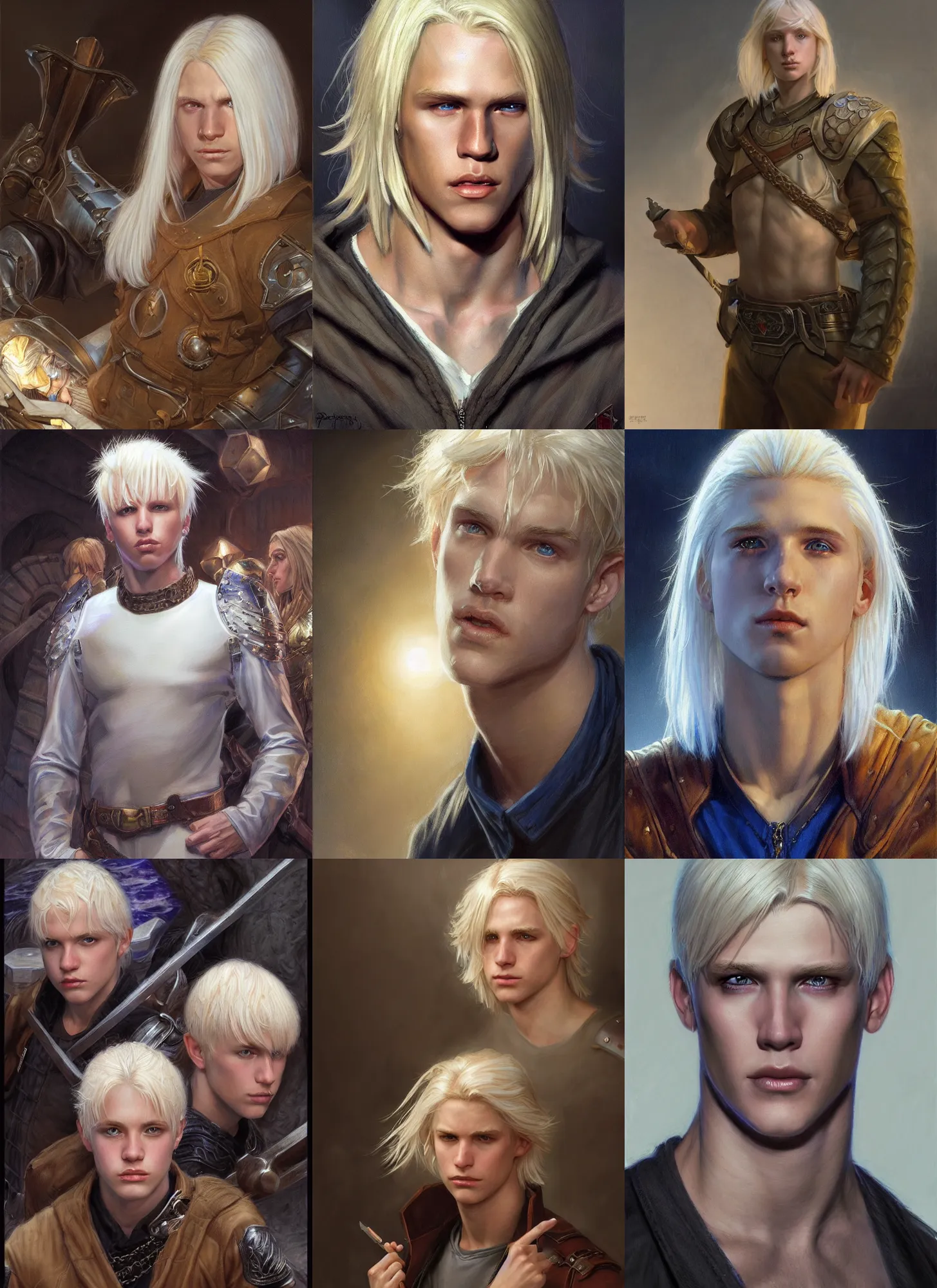 Prompt: a teenage white boy with platinum blonde hair, short to medium length hair, style by donato giancola, wayne reynolds, jeff easley dramatic light, high detail, cinematic lighting, artstation, dungeons and dragons