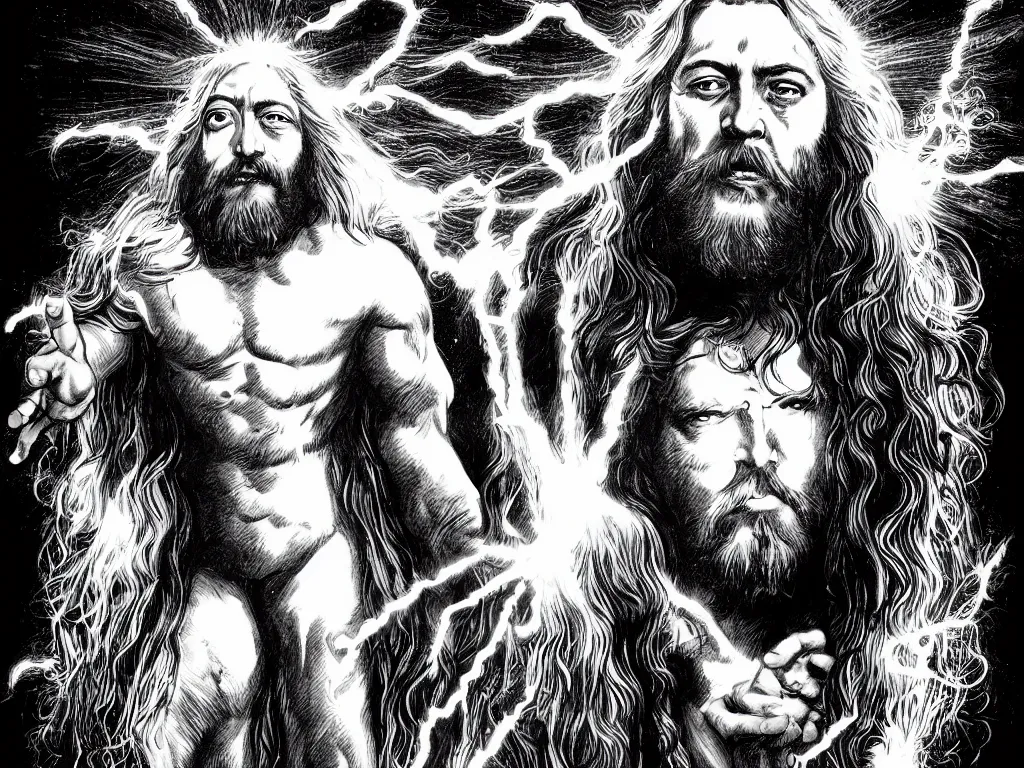 Image similar to jesus christ as a superhero with long hair and white eyes floating above the water shooting lightning out of his hands, drawn by alan moore, graphic novel, symmetrical, frontal, full body shot,
