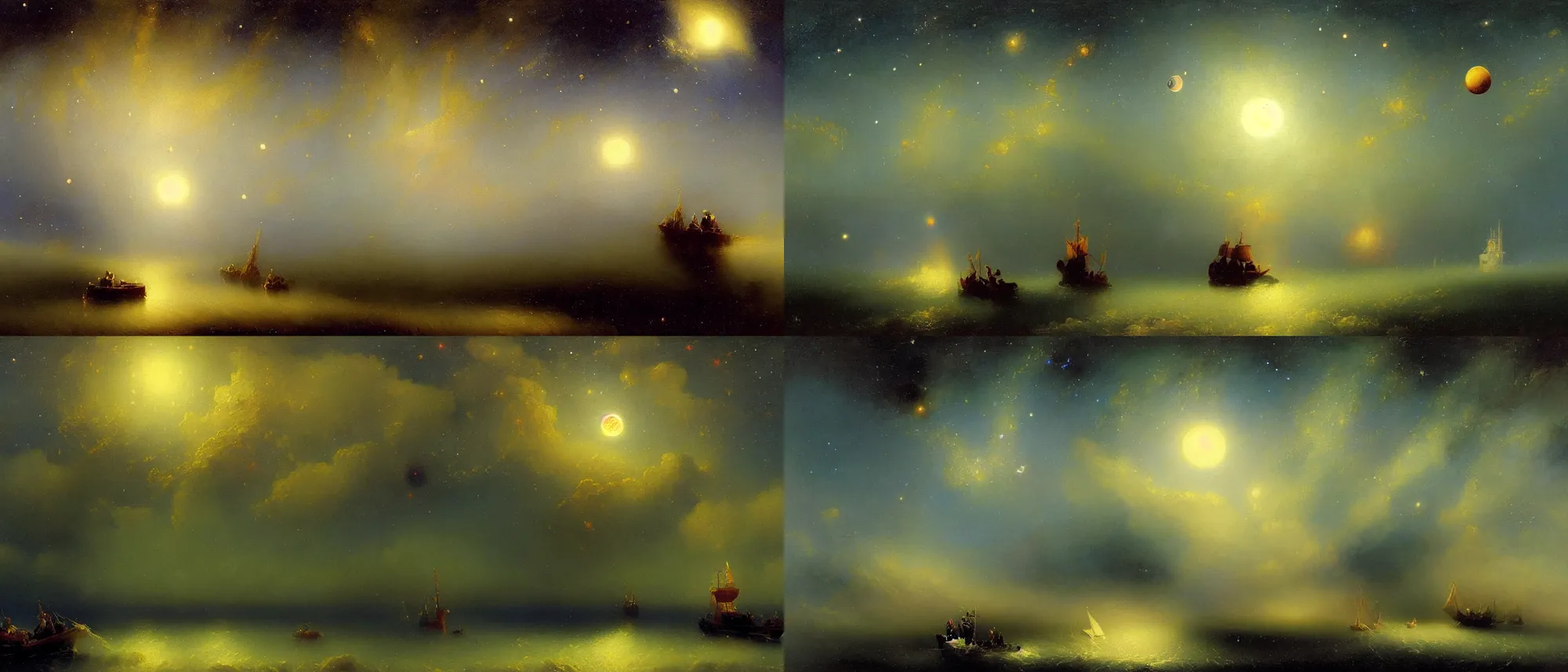 Prompt: A beautiful painting of TARDIS flying in milky way with one moon and star light by Ivan Konstantinovich Aivazovsky