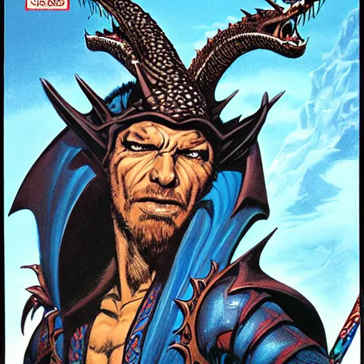 Image similar to head and shoulders portrait of a medieval d & d fantasy anthropomorphic blue dragon - headed sorcerer, comic book cover art by phil noto, frank miller, jeff easley, and hr giger