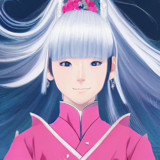 Image similar to Portrait of a japanese princess young lady, with white hair and bangs!!!! beauty artwork by Makoto Shinkai, white hair, ayaka genshin impact, ayaka, ayaka game genshin impact, ayaka