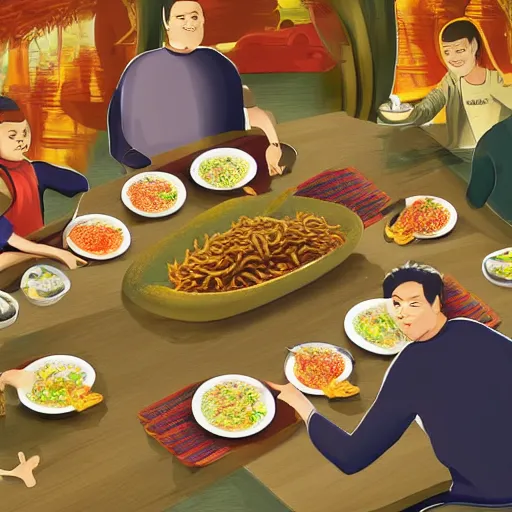 Image similar to a group of komodo dragons having a feast consisting of only indomie instant noodles on a fancy dining table, digital art, concept art, cartoon style, trending on artstation