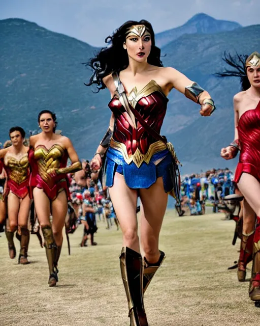 Image similar to gal gadot as wonder woman, at the 2 0 0 - meter starting line, ancient greek olympic trials, mount olympus can be seen off in the distance, sports photography in the style of neil leifer, no dof