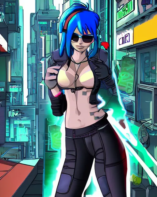 Image similar to cel shaded art of a pretty blue haired girl, jet grind radio graphics, cyberpunk city street background