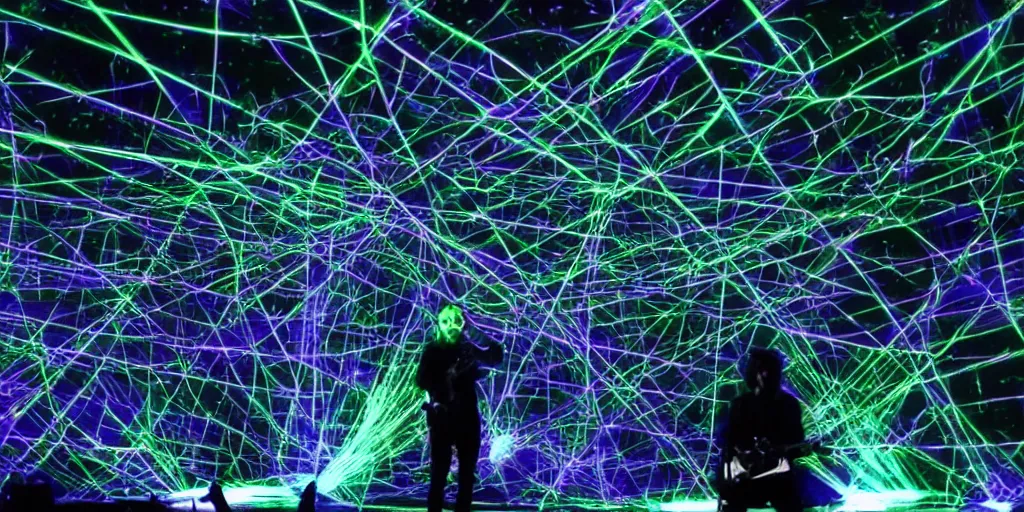 Image similar to Thom Yorke singer songwriter, Radiohead group of people on stage playing instruments, elaborate stage effects, dust, smoke, giant LED screens, colored projections, ultrafine detail, glowing thin wires, smoke, high contrast, projections, a screenshot by David Gilmour Blythe, holography, tesseract, volumetric lighting, anamorphic lens flare