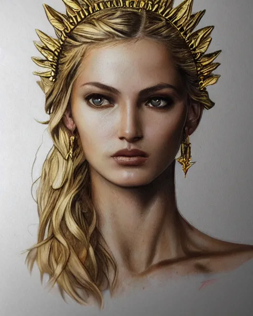 Image similar to front view of beautiful super model aphrodite greek goddess wearing a gold laurel wreath and triangle earrings, realism tattoo sketch, beautiful piercing gaze with sharp pupils, beautiful blonde hair, in the style of greg rutkowski, fantasy, amazing detail, epic, elegant, smooth, sharp focus