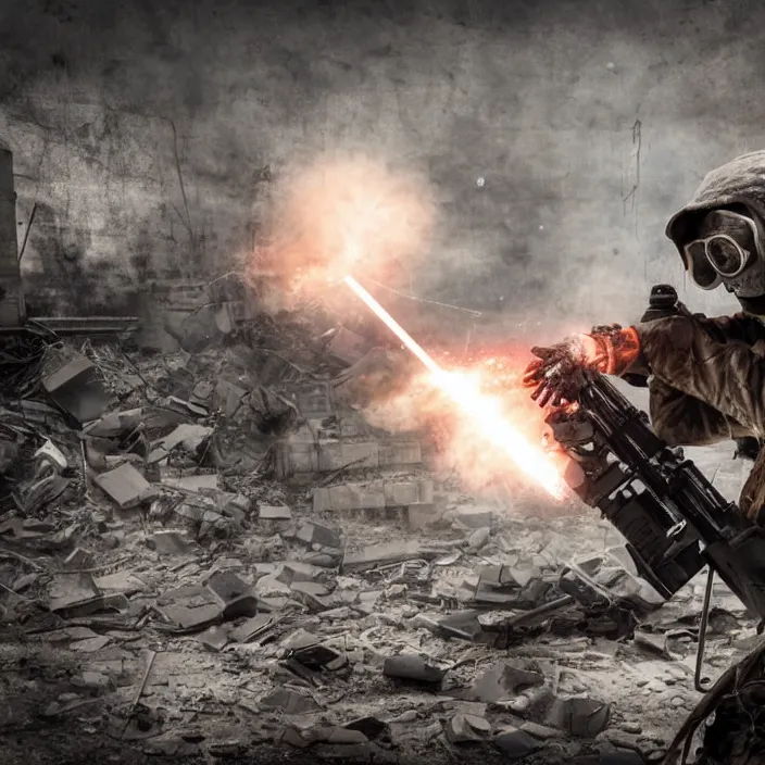 Image similar to gritty hooded apocalyptic man firing laser in destroyed airport, hyper - detailed, smooth, sharp focus, 4 k ultra hd, fantasy dark art, apocalyptic art