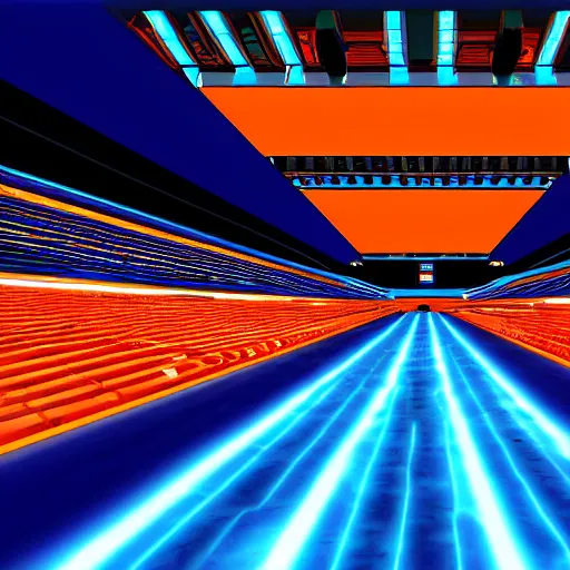Prompt: an orange and blue contrast digital stadium, tron, digital art