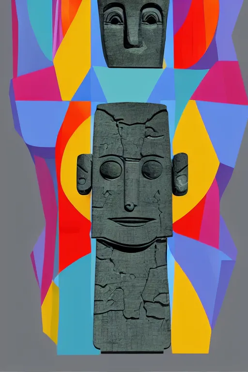 Image similar to cubist moai statue cutout digital illustration cartoon colorful beeple