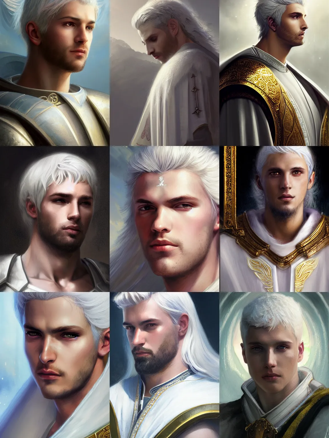 Prompt: closeup portrait of a young beautiful calm and pious male aasimar paladin with white hair a halo above his head wearing white vestments under armor, pensive and hopeful expression, by Greg Rutkowski, intricate, masterpiece, sharp, digital art, 8k