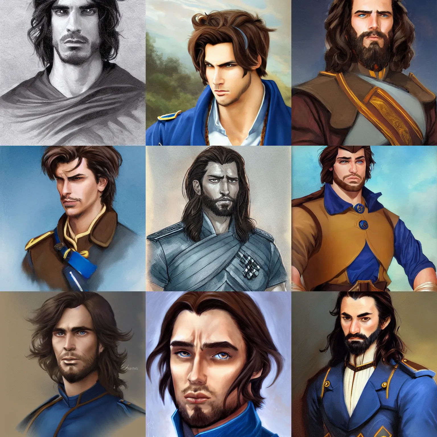 Prompt: a young man with shoulder length brown hair. blue uniform. serious expression, handsome, rugged, kaladin stormblessed, way of kings, artgerm, portrait