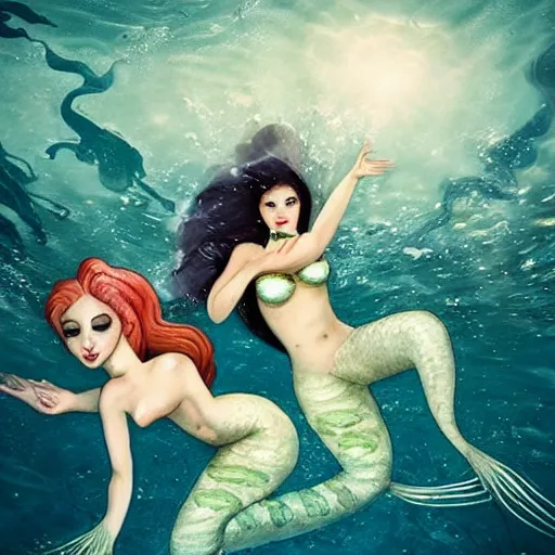 Image similar to beautiful deadly mermaids holding drowning sailors underwater and eating them