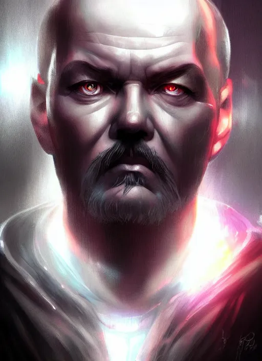 Image similar to « a portrait o cyberpunk vladimir lenin, glowing eyes, a digital painting by charlie bowater, featured on cgsociety, fantasy art, behance hd, wiccan, artstation hd »