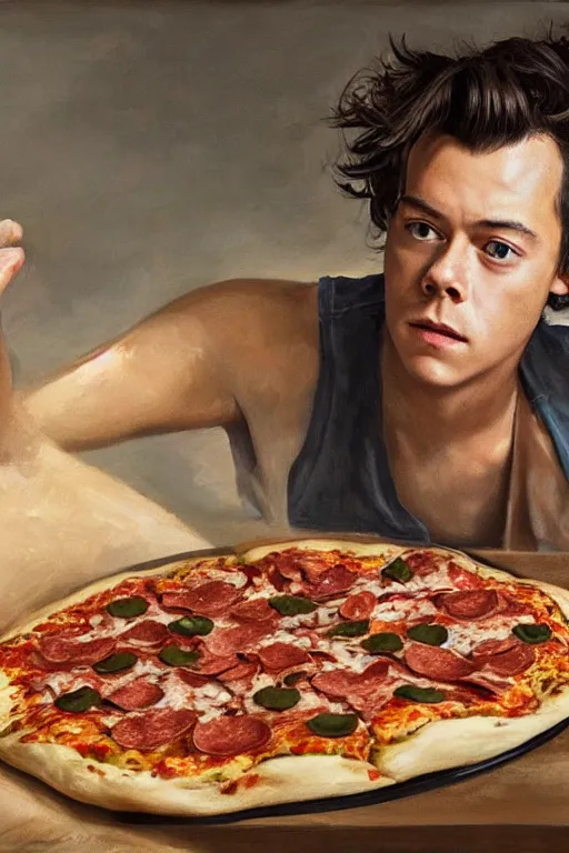 Prompt: Harry Styles making a pizza, oil on canvas, intricate, portrait, 8k highly professionally detailed, HDR, CGsociety