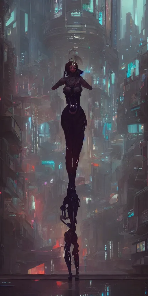 Image similar to a detailed concept art of a single woman against the background of an cyberpunk city , artstation, by Peter Mohrbacher, Art Nouveau, sophisticated, Unreal engine, intricate