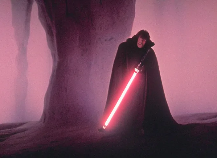 Image similar to detailed protrait photo of Luke skywalker using his lightsaber to light up a dark pinks hazy ethereal cave and discover the ancient jedi texts. kubrick. screenshot from the 1985 film, Photographed with Leica Summilux-M 24 mm lens, ISO 100, f/8, Portra 400