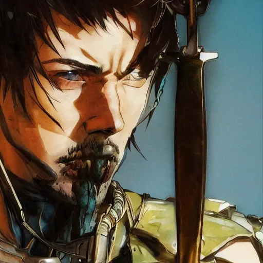 Prompt: portrait of a hero holding his sword in front of his face by yoji shinkawa, high quality, extra details, realism, ornate, colored, golden chain, blood, white skin, short hair, brown eyes, vivid, sunlight, dynamic, american man, freedom, heroism