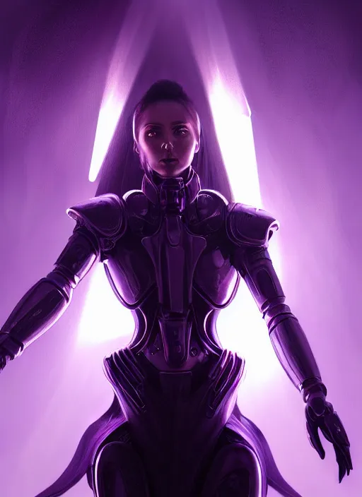 Image similar to top down lighting, close up, stunning portrait of a woman in purple leather sci - fi armor with a long black ponytail, purple eyes, spaceship hallways, intricate, fog, mist, god rays, spotlights, highly detailed, digital painting, artstation, concept art, smooth, sharp focus, illustration, art by wlop, mars ravelo and greg rutkowski
