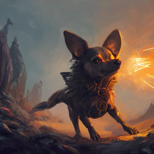 Prompt: chihuahua Dog, battle armour, Anthropomorphized, casting epic spell, magic the gathering artwork, D&D, fantasy, cinematic lighting, centered, symmetrical, highly detailed, digital painting, artstation, concept art, smooth, sharp focus, illustration, volumetric lighting, epic Composition, 8k, art by Akihiko Yoshida and Greg Rutkowski and Craig Mullins, heroic pose, oil painting, cgsociety, magic lab background