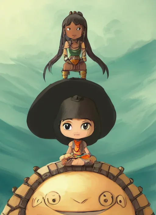 Prompt: portrait of a little warrior girl character sitting on top of a giant armored turtle with a big smiling face in the desert, studio ghibli epic character with dark skin and beautiful green eyes, very beautiful detailed symmetrical face, long black hair, bright colors, diffuse light, dramatic landscape, fantasy illustration