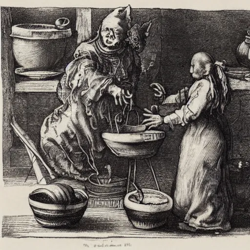 Image similar to a witch adding ingredients to her cauldron, engraving by albrecht durer