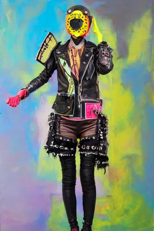 Prompt: a character wearing a diy! costume leather jacket, punk, with fluo colored details and a transparent helmet, full body, muted colors, vivienne westwood, nausicaa, hyper real acrylic painting