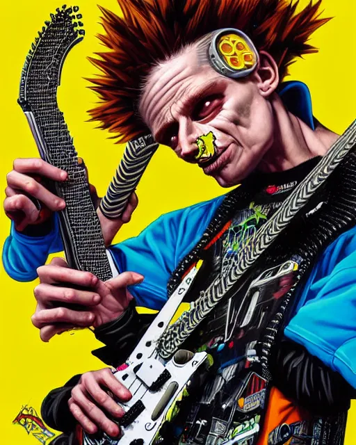 Prompt: a portrait of an anthropomorphic cyberpunk bart simpson shredding an electric guitar by sandra chevrier, by jon foster, detailed render, tape deck, epic composition, cybernetics, 4 k realistic, cryengine, realistic shaded lighting, sharp focus, masterpiece, by enki bilal