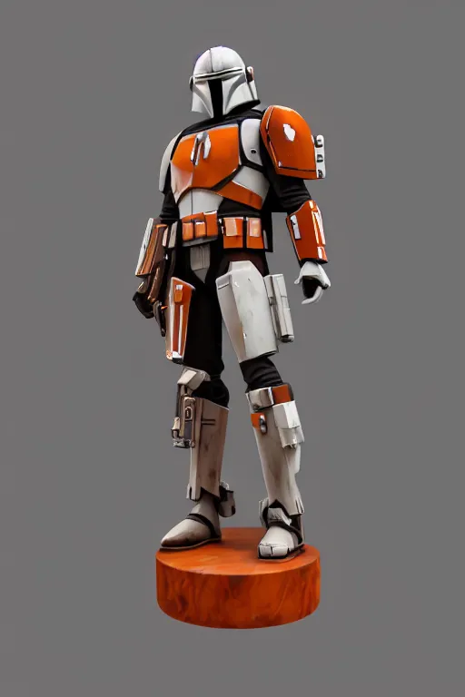 Image similar to mandalorian overwatch echo style statue made of white and orange marble standing, 3 d render, octane render, unreal engine, overwatch, detailed, dynamic light, beautiful, rococo, accents of red