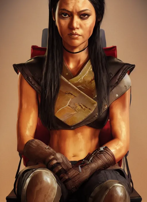 Prompt: An epic fantasy comic book style portrait painting of a tan woman with black hair in a pony tail and serious eyes sitting on a large chair, unreal 5, DAZ, hyperrealistic, octane render, cosplay, RPG portrait, dynamic lighting