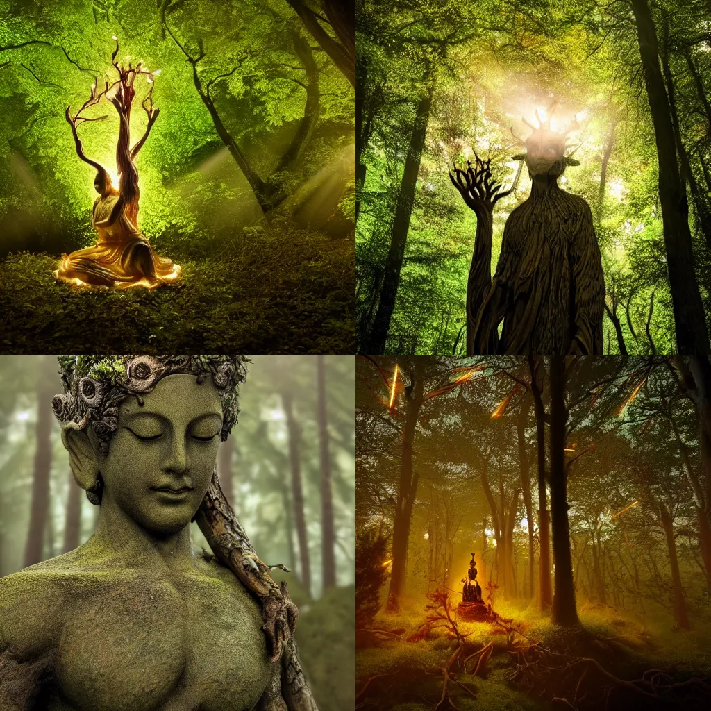 Prompt: Dream of the Forest God, light through branches in the deep forest, deity statue in a clearing, intricate, highly detailed, beautiful lighting, light fog, 8k