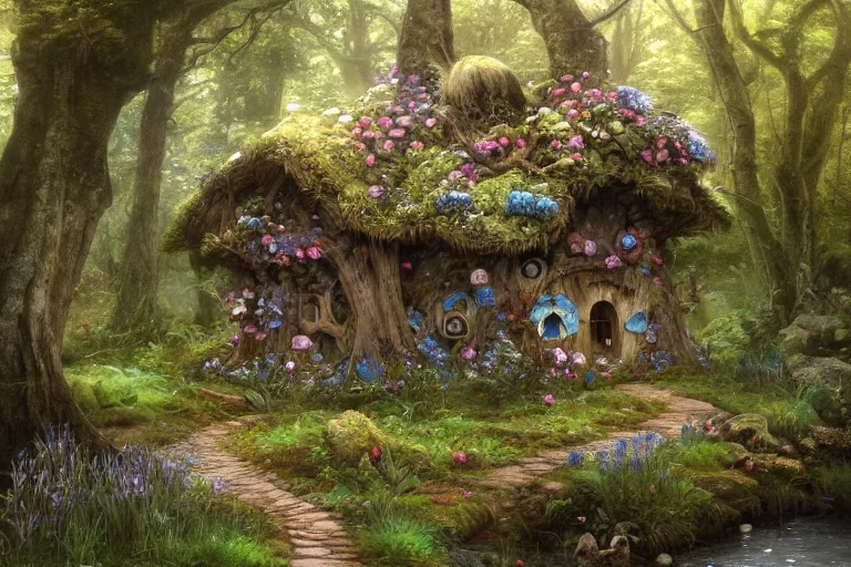 Prompt: wide angle view, a beautiful digital painting of a fairy house by a stream made of rocks and mushrooms, flowers, beautiful tranquil day, by greg rutkowski, brian froud, marc simonetti, jean - baptiste monge, and alphonse mucha, symmetry, complementary colors, ink illustration, trending on artstation