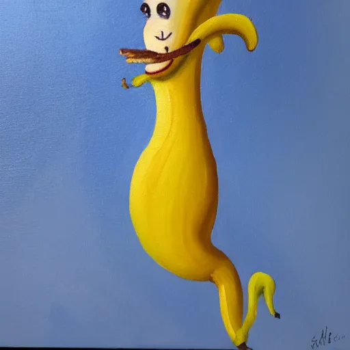 Prompt: Oil painting of an anthropomorphous banana smoking a cigar on a hill. Award-winning. 4k.