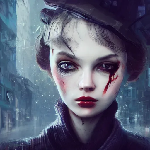Prompt: a beautiful woman’s face shattered like a porcelaine doll, blurred dystopian city background, sad and dark atmosphere, cinematic, dramatic lighting, trending on Artstation, Cgsociety, concept art